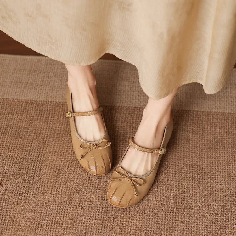 Spring single shoes, round toe, flat, buckle, slip-on sheepskin women's shoes, 3-12j