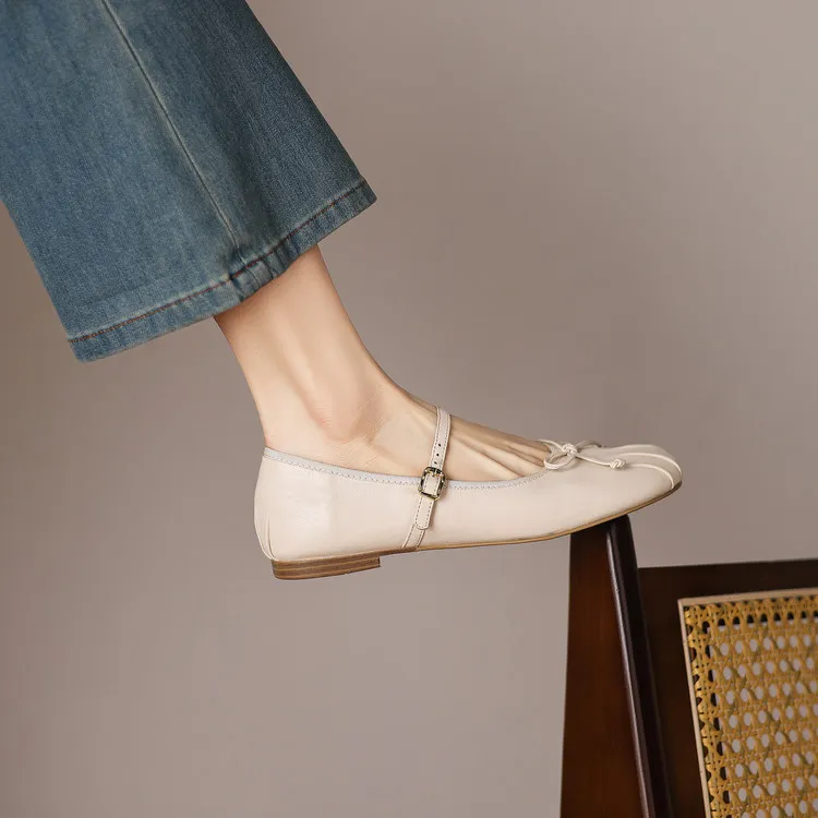 Spring single shoes, round toe, flat, buckle, slip-on sheepskin women's shoes, 3-12j