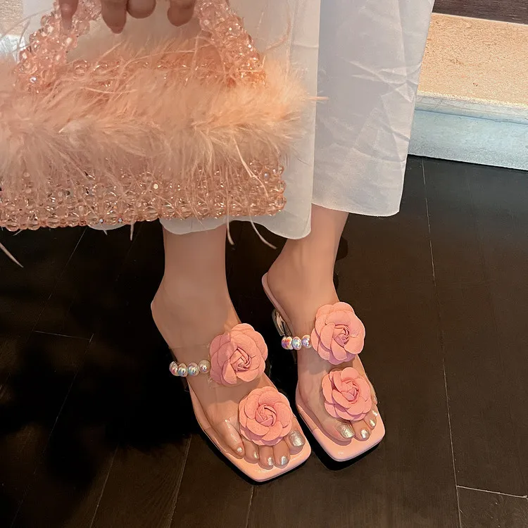 Summer square-toe slippers with a single strap, wedge heel, transparent chunky heel, floral sandals, sizes 3-14i