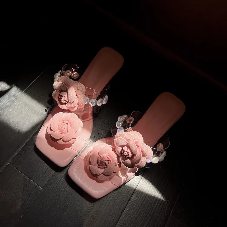 Summer square-toe slippers with a single strap, wedge heel, transparent chunky heel, floral sandals, sizes 3-14i