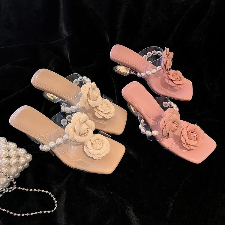 Summer square-toe slippers with a single strap, wedge heel, transparent chunky heel, floral sandals, sizes 3-14i