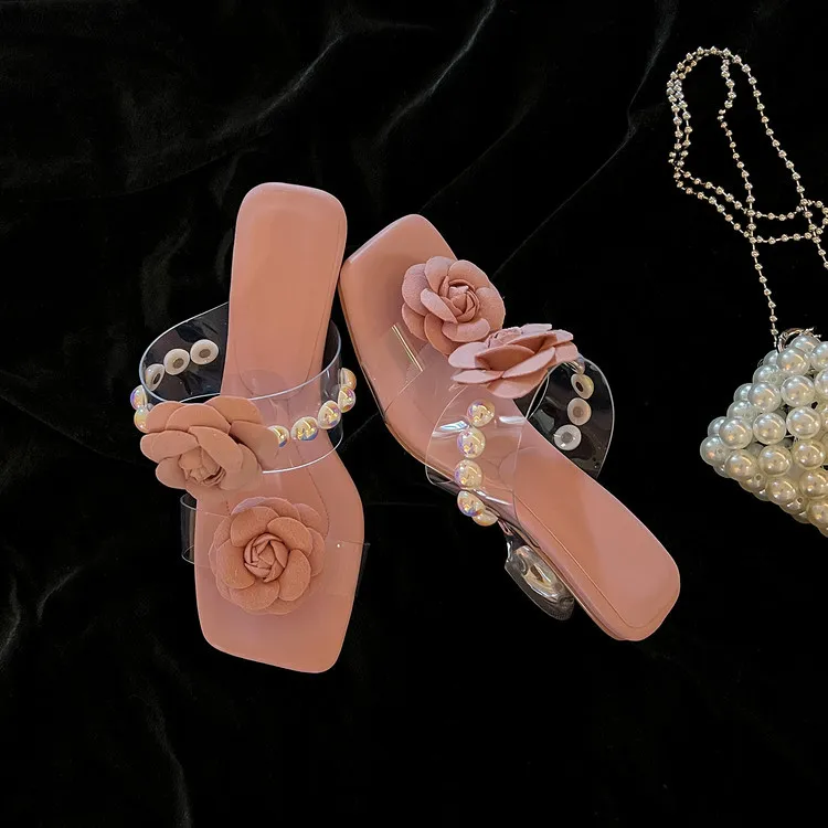 Summer square-toe slippers with a single strap, wedge heel, transparent chunky heel, floral sandals, sizes 3-14i