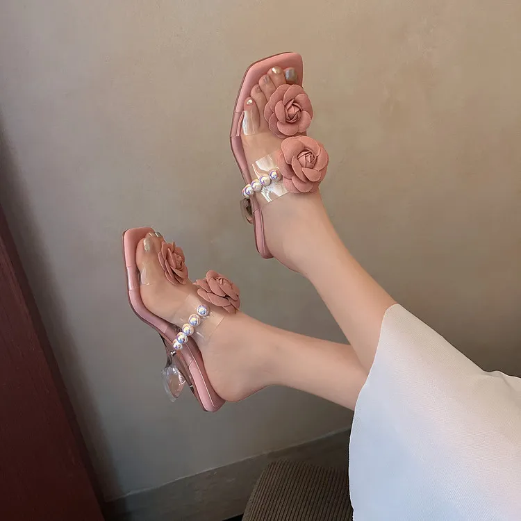 Summer square-toe slippers with a single strap, wedge heel, transparent chunky heel, floral sandals, sizes 3-14i