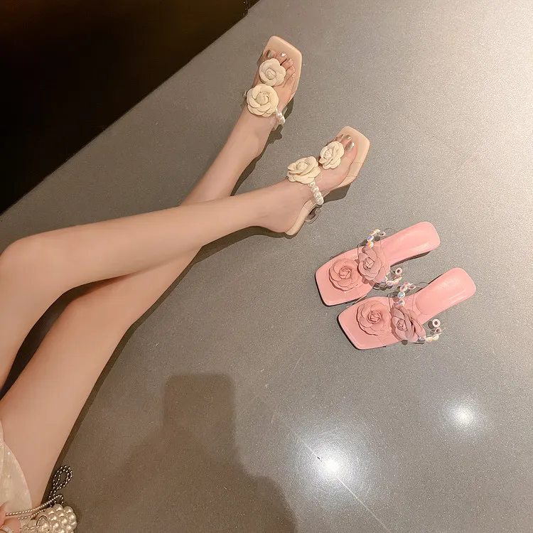 Summer square-toe slippers with a single strap, wedge heel, transparent chunky heel, floral sandals, sizes 3-14i