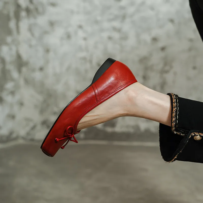 Spring single shoes, square toe, chunky heel, low heel, cowhide fashion women's shoes, size 3-14o