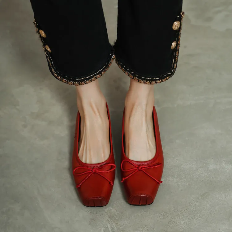 Spring single shoes, square toe, chunky heel, low heel, cowhide fashion women's shoes, size 3-14o