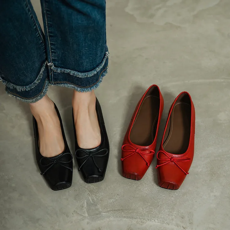 Spring single shoes, square toe, chunky heel, low heel, cowhide fashion women's shoes, size 3-14o