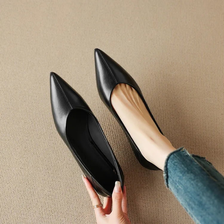Spring single shoes, pointed toe, low-cut, wedge heel, elegant cowhide fashion women's shoes, size 3-17o