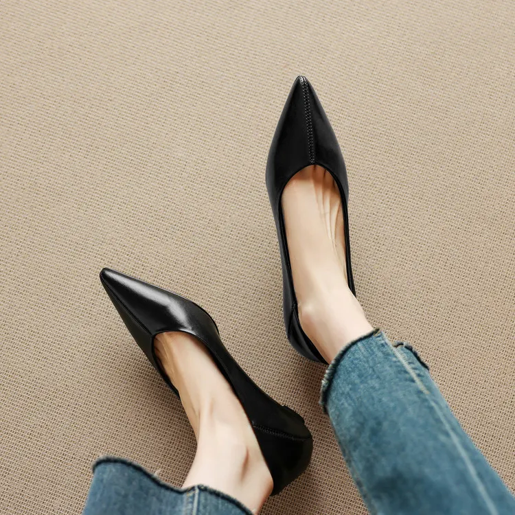 Spring single shoes, pointed toe, low-cut, wedge heel, elegant cowhide fashion women's shoes, size 3-17o