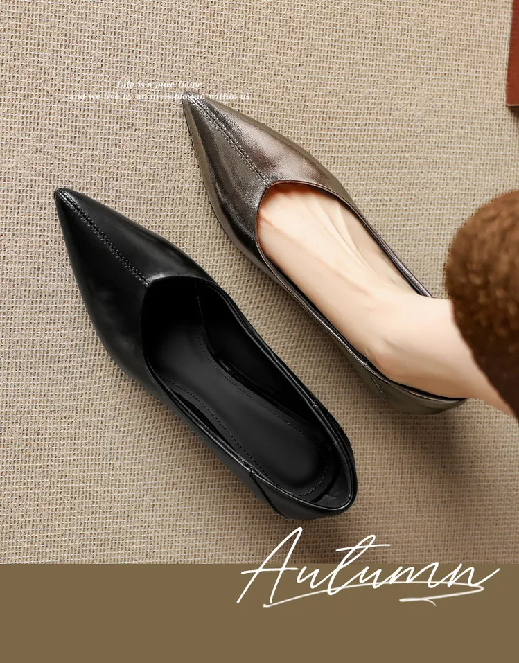 Spring single shoes, pointed toe, low-cut, wedge heel, elegant cowhide fashion women's shoes, size 3-17o