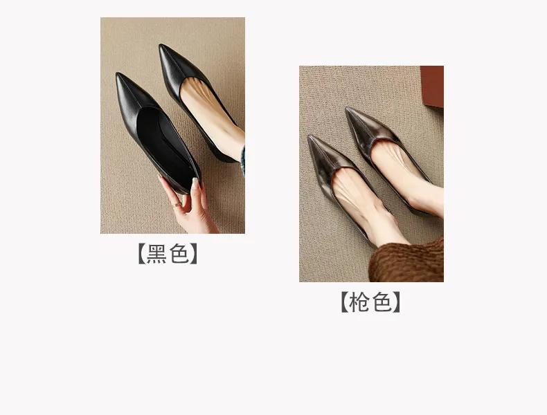 Spring single shoes, pointed toe, low-cut, wedge heel, elegant cowhide fashion women's shoes, size 3-17o