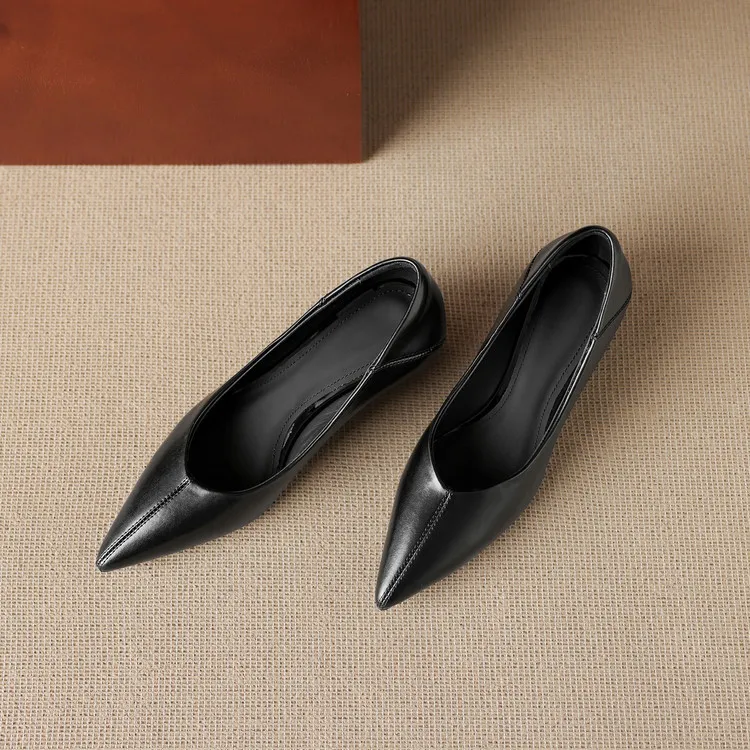 Spring single shoes, pointed toe, low-cut, wedge heel, elegant cowhide fashion women's shoes, size 3-17o
