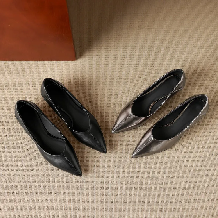 Spring single shoes, pointed toe, low-cut, wedge heel, elegant cowhide fashion women's shoes, size 3-17o