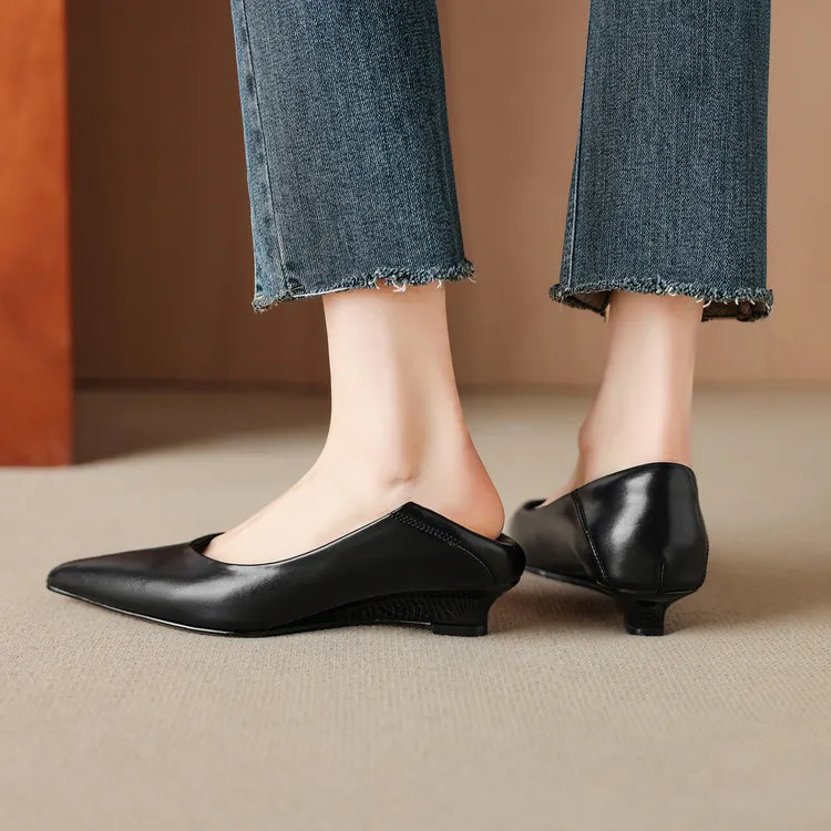 Spring single shoes, pointed toe, low-cut, wedge heel, elegant cowhide fashion women's shoes, size 3-17o