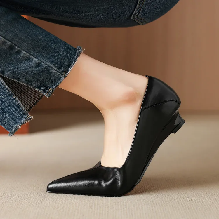 Spring single shoes, pointed toe, low-cut, wedge heel, elegant cowhide fashion women's shoes, size 3-17o