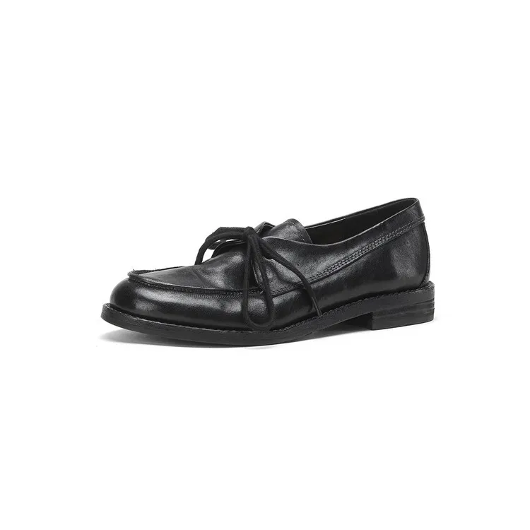 Handmade leather women's shoes, spring style, single shoes, round toe, lace-up, chunky heel, low heel, comfortable women's shoes, 3-14s.