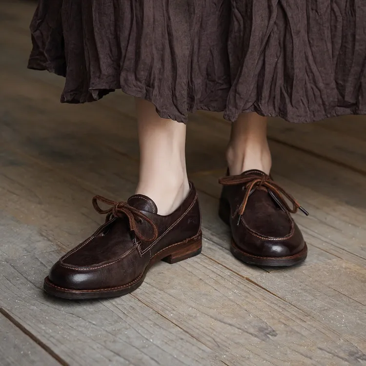 Handmade leather women's shoes, spring style, single shoes, round toe, lace-up, chunky heel, low heel, comfortable women's shoes, 3-14s.