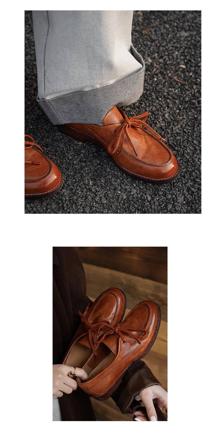 Handmade leather women's shoes, spring style, single shoes, round toe, lace-up, chunky heel, low heel, comfortable women's shoes, 3-14s.