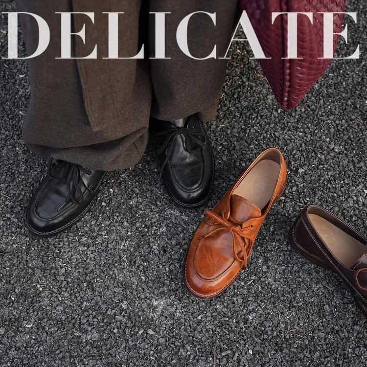 Handmade leather women's shoes, spring style, single shoes, round toe, lace-up, chunky heel, low heel, comfortable women's shoes, 3-14s.