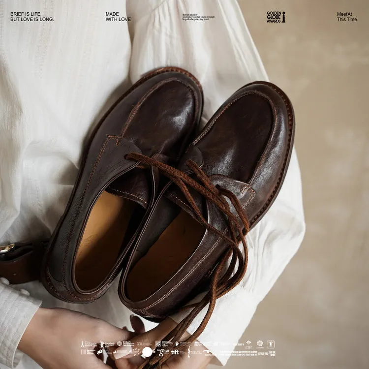 Handmade leather women's shoes, spring style, single shoes, round toe, lace-up, chunky heel, low heel, comfortable women's shoes, 3-14s.