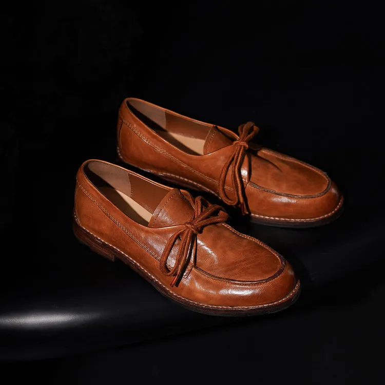 Handmade leather women's shoes, spring style, single shoes, round toe, lace-up, chunky heel, low heel, comfortable women's shoes, 3-14s.