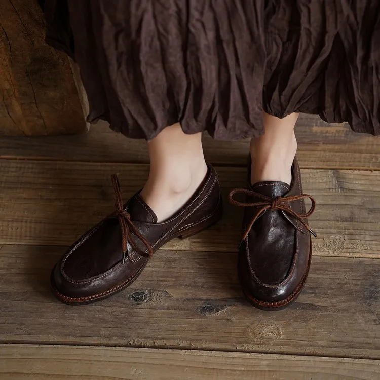 Handmade leather women's shoes, spring style, single shoes, round toe, lace-up, chunky heel, low heel, comfortable women's shoes, 3-14s.