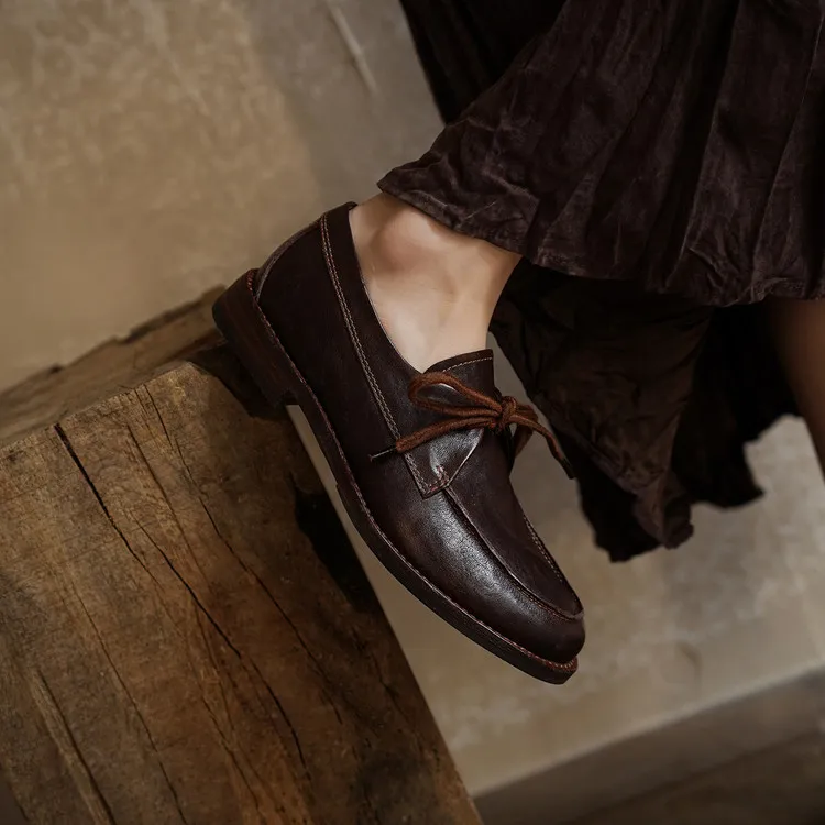 Handmade leather women's shoes, spring style, single shoes, round toe, lace-up, chunky heel, low heel, comfortable women's shoes, 3-14s.