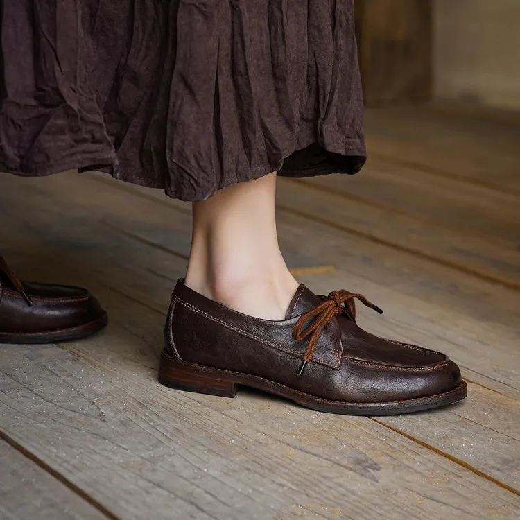 Handmade leather women's shoes, spring style, single shoes, round toe, lace-up, chunky heel, low heel, comfortable women's shoes, 3-14s.