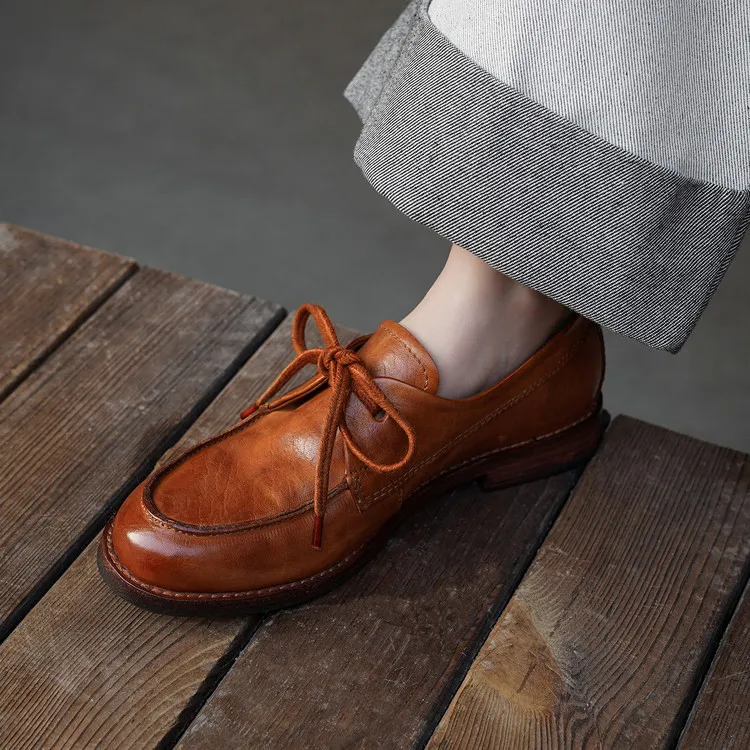 Handmade leather women's shoes, spring style, single shoes, round toe, lace-up, chunky heel, low heel, comfortable women's shoes, 3-14s.