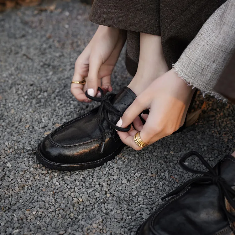 Handmade leather women's shoes, spring style, single shoes, round toe, lace-up, chunky heel, low heel, comfortable women's shoes, 3-14s.