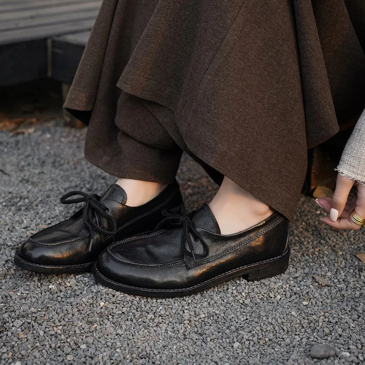 Handmade leather women's shoes, spring style, single shoes, round toe, lace-up, chunky heel, low heel, comfortable women's shoes, 3-14s.