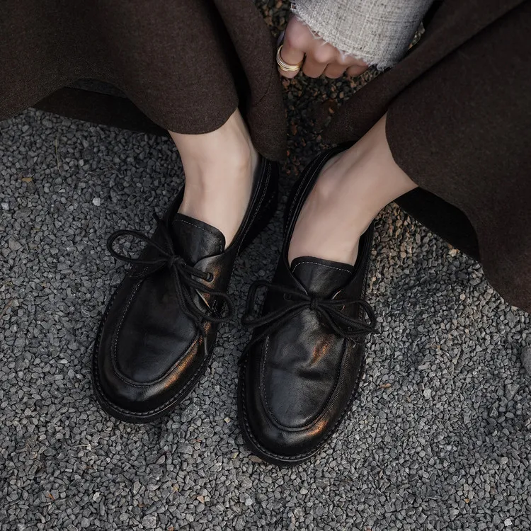 Handmade leather women's shoes, spring style, single shoes, round toe, lace-up, chunky heel, low heel, comfortable women's shoes, 3-14s.