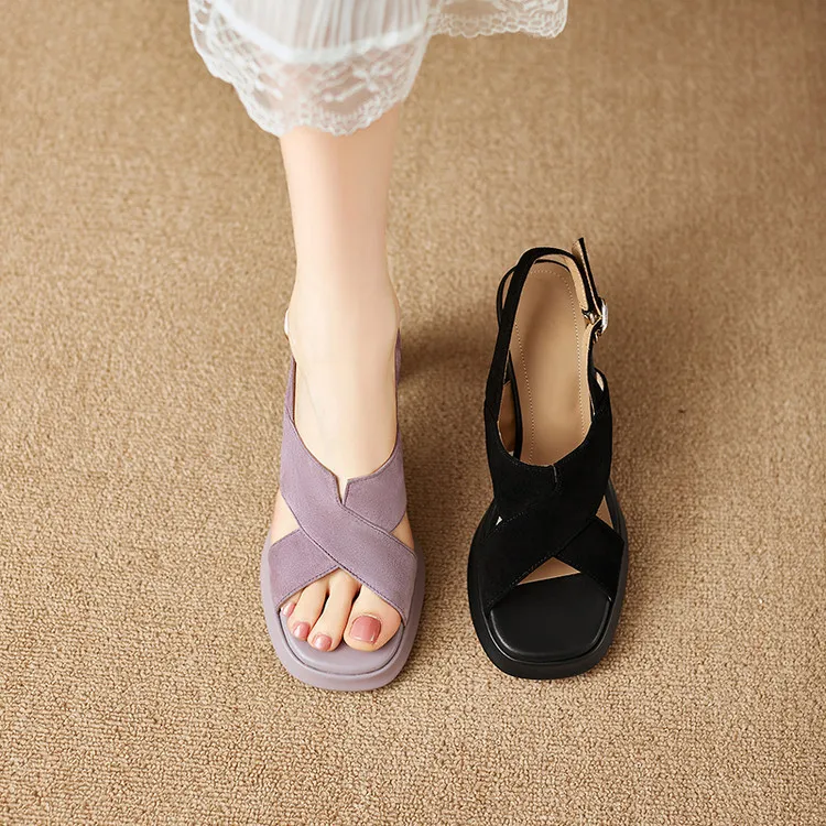 Summer sandals, round toe, thick sole, chunky heel, high heel, buckle, fashion women's shoes 3-19b