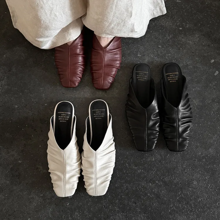 Spring Slippers, Square Toe, Flat, Closed Toe, Fashionable Sheepskin Women's Shoes, 3-19j