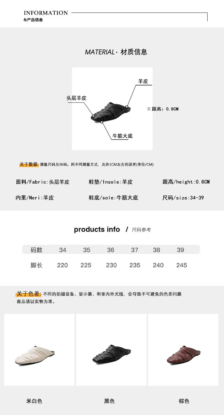 Spring Slippers, Square Toe, Flat, Closed Toe, Fashionable Sheepskin Women's Shoes, 3-19j