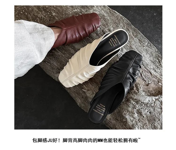 Spring Slippers, Square Toe, Flat, Closed Toe, Fashionable Sheepskin Women's Shoes, 3-19j