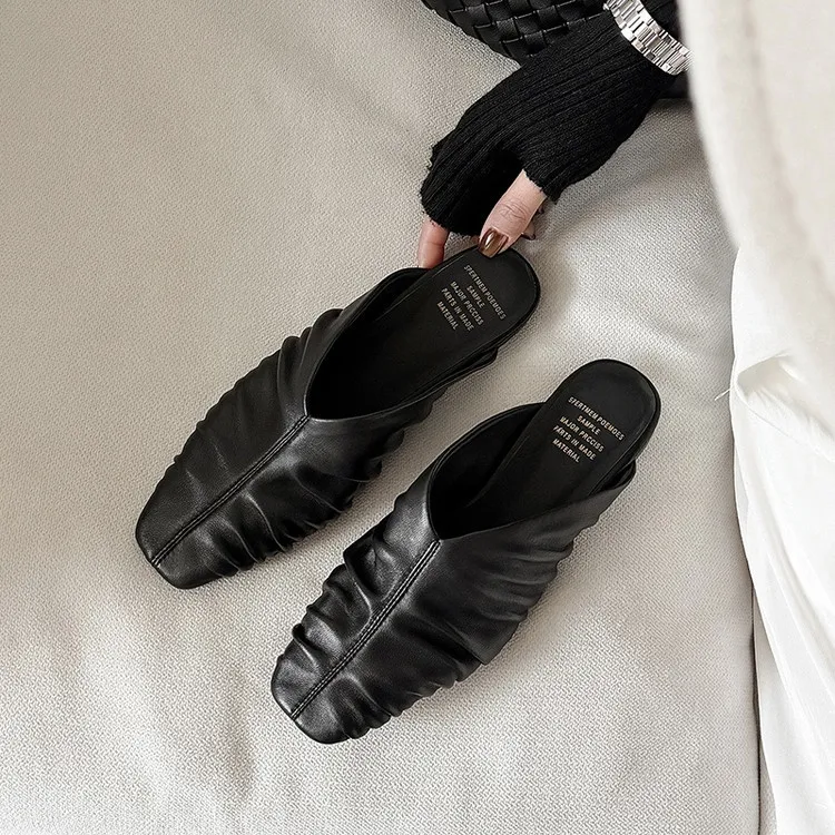 Spring Slippers, Square Toe, Flat, Closed Toe, Fashionable Sheepskin Women's Shoes, 3-19j