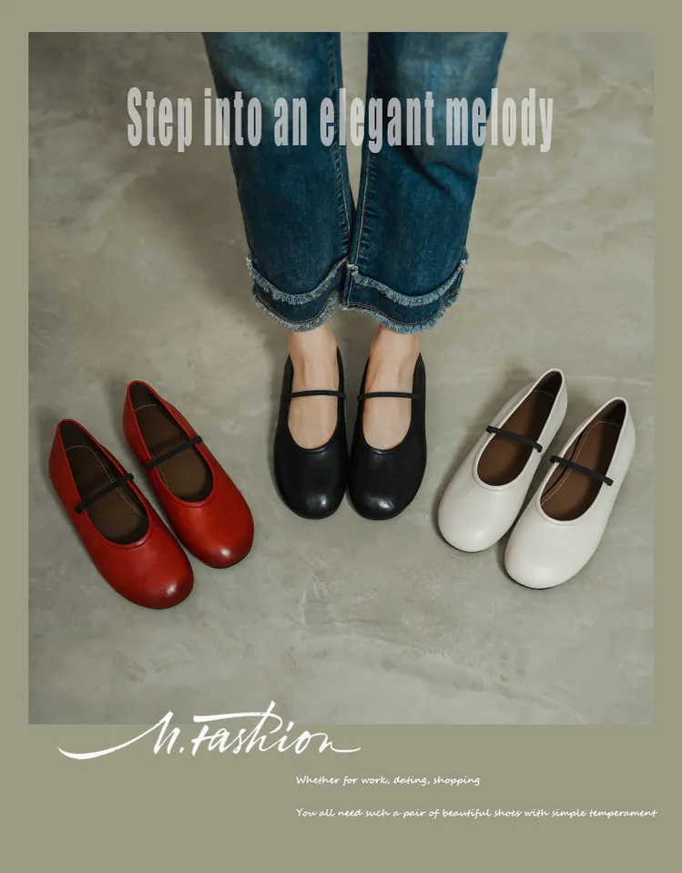 Spring single shoes, round toe, flat, cowhide, simple and comfortable women's shoes, 3-14n