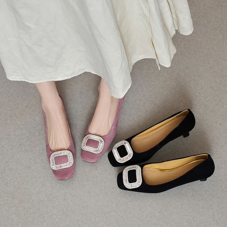 Spring single shoes, square toe, rhinestone buckle, stiletto heel, sheepskin fashion women's shoes, 3-17q