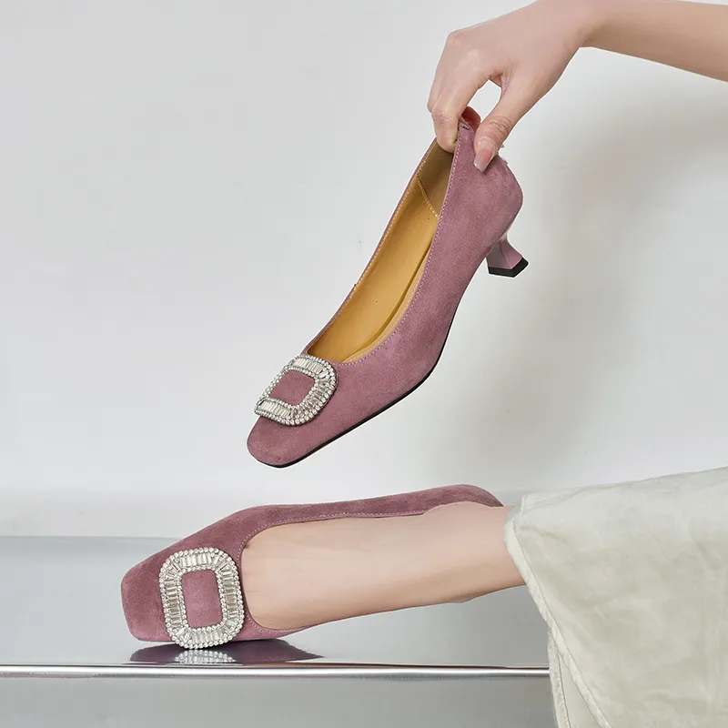 Spring single shoes, square toe, rhinestone buckle, stiletto heel, sheepskin fashion women's shoes, 3-17q