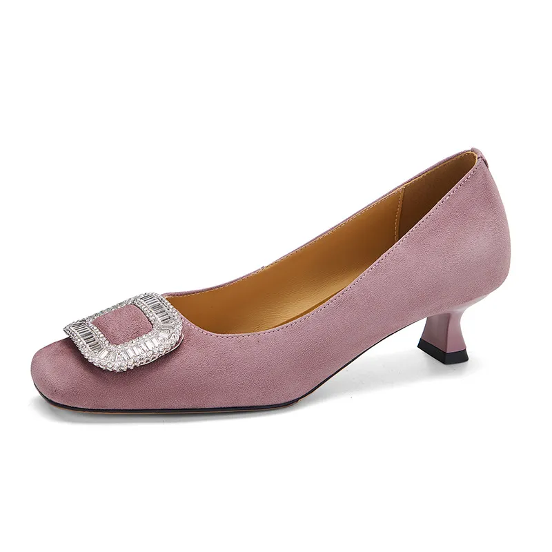 Spring single shoes, square toe, rhinestone buckle, stiletto heel, sheepskin fashion women's shoes, 3-17q
