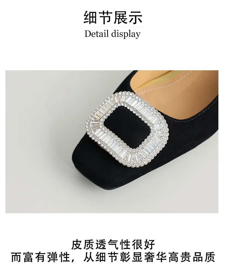 Spring single shoes, square toe, rhinestone buckle, stiletto heel, sheepskin fashion women's shoes, 3-17q