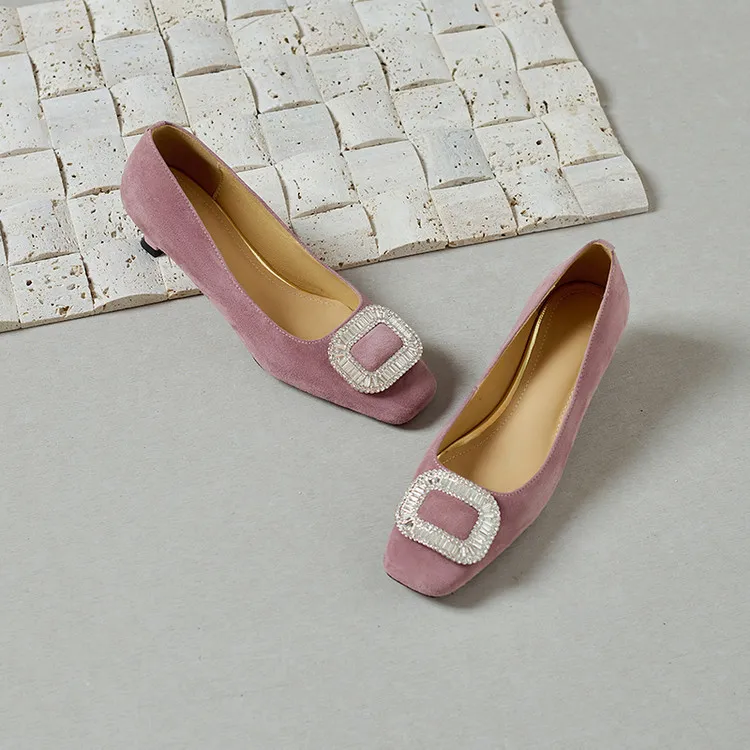 Spring single shoes, square toe, rhinestone buckle, stiletto heel, sheepskin fashion women's shoes, 3-17q