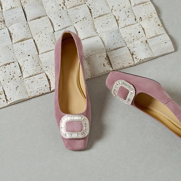Spring single shoes, square toe, rhinestone buckle, stiletto heel, sheepskin fashion women's shoes, 3-17q