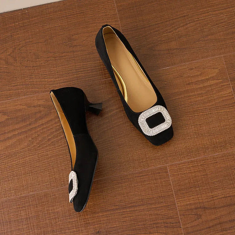 Spring single shoes, square toe, rhinestone buckle, stiletto heel, sheepskin fashion women's shoes, 3-17q