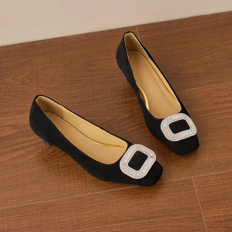 Spring single shoes, square toe, rhinestone buckle, stiletto heel, sheepskin fashion women's shoes, 3-17q