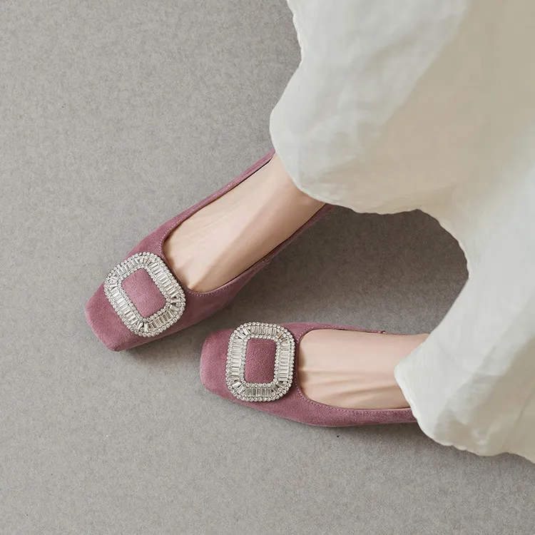 Spring single shoes, square toe, rhinestone buckle, stiletto heel, sheepskin fashion women's shoes, 3-17q