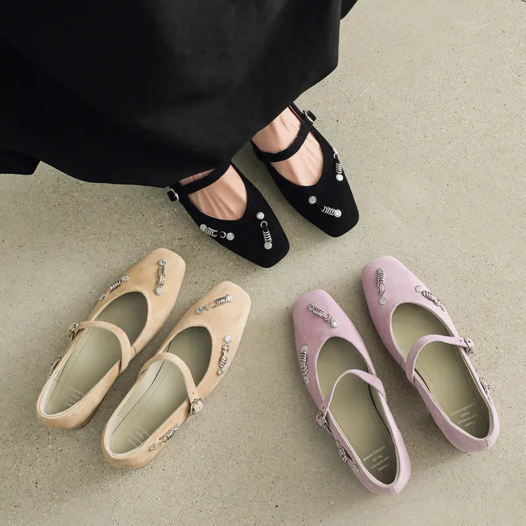 Spring single shoes, square toe, buckle, chunky heel, low heel, sheepskin women's shoes, 3-14q