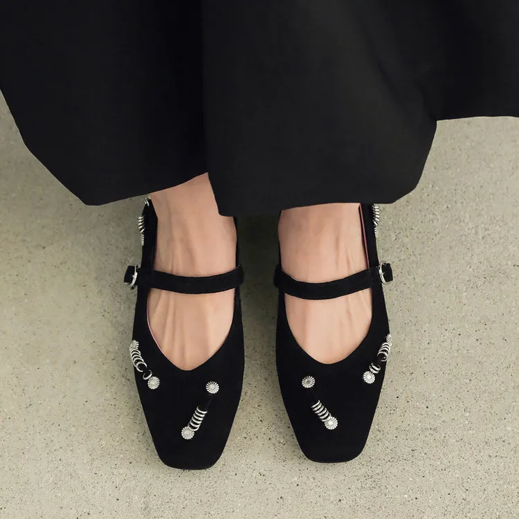 Spring single shoes, square toe, buckle, chunky heel, low heel, sheepskin women's shoes, 3-14q