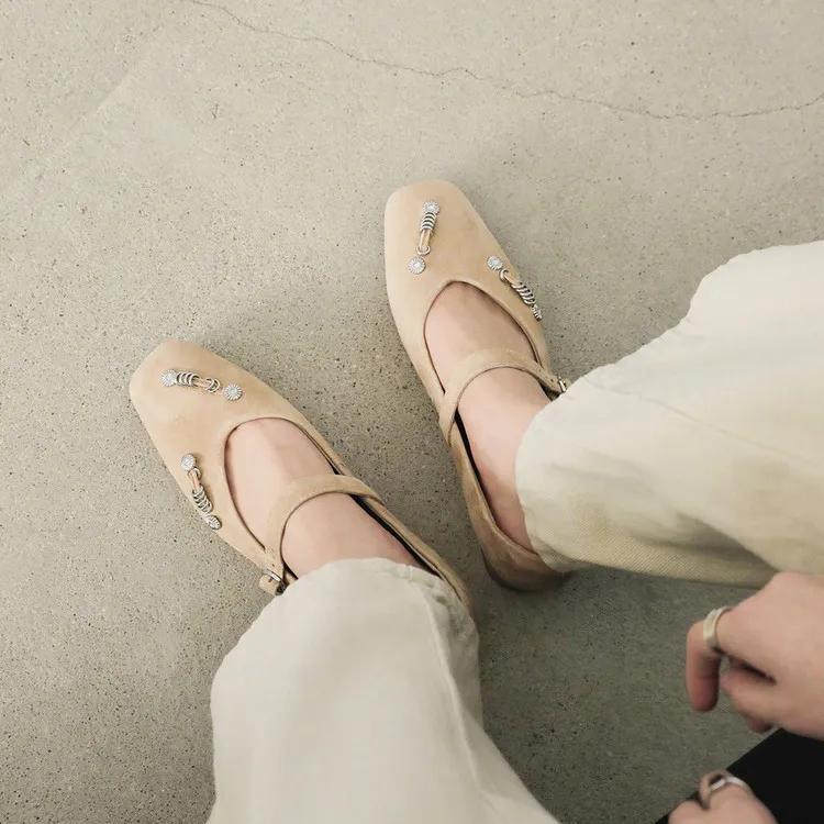 Spring single shoes, square toe, buckle, chunky heel, low heel, sheepskin women's shoes, 3-14q